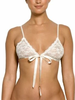 HANKY PANKY Peek-a-Boo Lace Front Tie Bralette Light Ivory