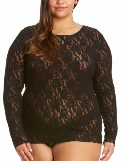 HANKY PANKY Plus Size Signature Lace Long Sleeve Top Black
