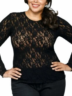 HANKY PANKY Plus Size Signature Lace Long Sleeve Top Black -HANKY PANKY Shop Hanky Panky Plus Size Signature Lace Long Sleeve Top Black View 3