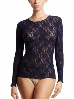 HANKY PANKY Signature Lace Long Sleeve Top Navy